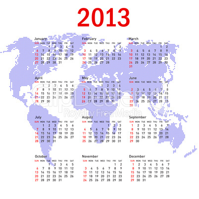 calendar 2013 with world map. Sundays first