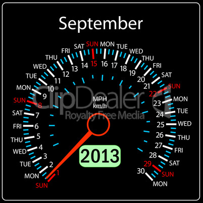 2013 year calendar speedometer car in vector. September.