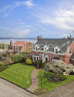 View of the brick classic houses and water in Tacoma, WA.