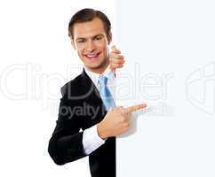 Business person pointing towards blank signboard