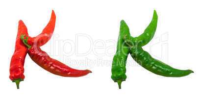 Letter K composed of green and red chili peppers