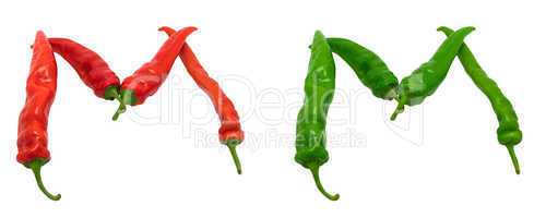 Letter M composed of green and red chili peppers