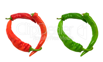 Letter O composed of green and red chili peppers