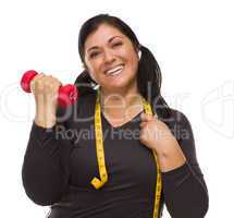 Hispanic Woman with Tape Measure Lifting Dumbbell