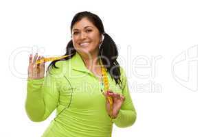 Hispanic Woman In Workout Clothes with Tape Measure