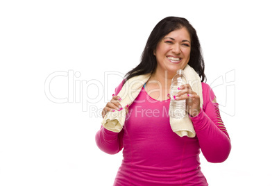 Hispanic Woman In Workout Clothes with Water and Towel