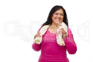 Hispanic Woman In Workout Clothes with Water and Towel