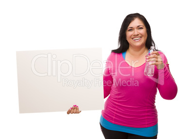 Hispanic Woman In Workout Clothes with Water and Blank Sign