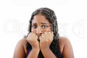 A young frightened black woman, isolated on white