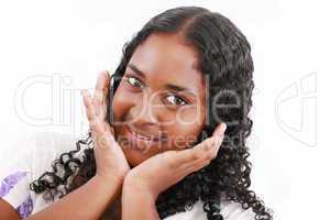 young woman smiling, isolated on white