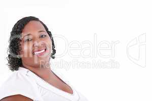 close up of plus size black model smiling, copyspace on white