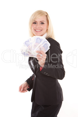 Ecstatic woman with a fistful of money