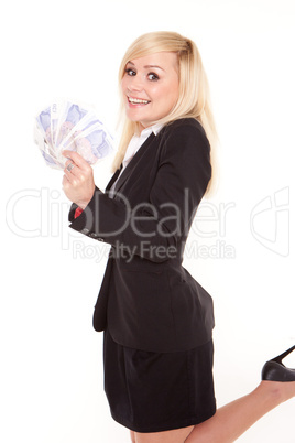 Ecstatic woman with a fistful of money