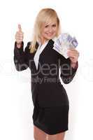 Ecstatic woman with a fistful of money