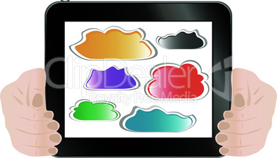 Woman hand holding tablet pc with abstract cloud