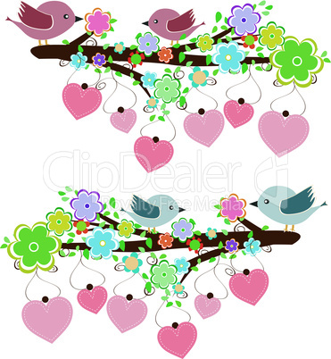 Cards with couples of birds sitting on branches with hanging hearts