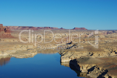 Colorado River. white rocks, red buttes and bridge from Hite overlook, Utah