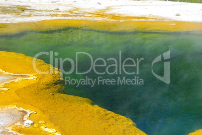 Ochre- and green-coloured hot pool, Yellowstone National Park, Wyoming