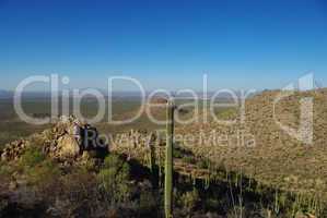 Saguaros, rocks, hills and Tucson, Arizona, in the distance