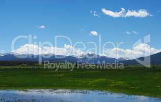 Pond, green meadows and Montana Rockies