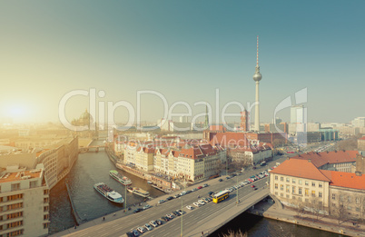 Berlin Skyline City Panorama with Sun - famous landmark in Berlin, Germany, Europe