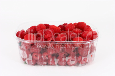 Fresh raspberries in plastic container