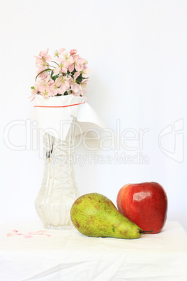 still life, fruits and vase with flower