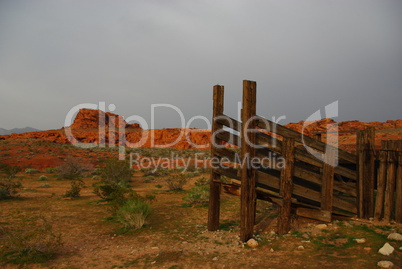 Old corral and red rocks near Little Finland, Nevada