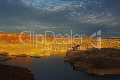 Last sunlight over Colorado River from Hite overlook, Utah
