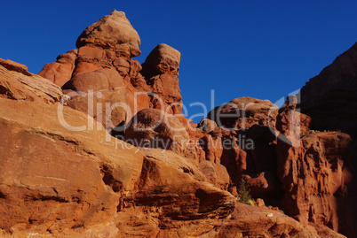 Red rock formations and intense blue sky near Fisher Towers, Utah