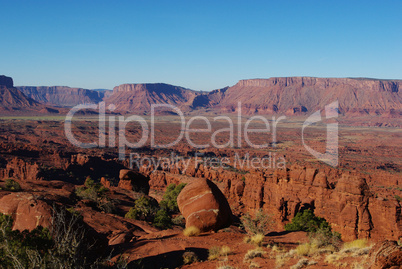 Rocks near Fisher Towers with Colorado River in the distance, Utah