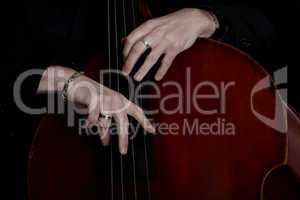 Contrabass player in front of black background