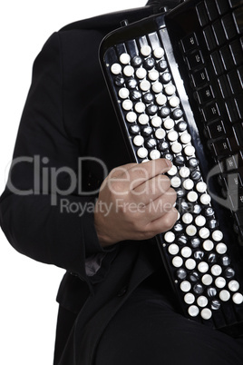 Accordion Player in front of white background