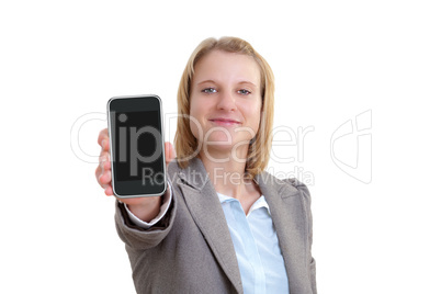 Junge Frau hält Smart Phone in die Kamera