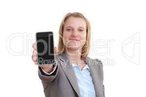 Junge Frau hält Smart Phone in die Kamera