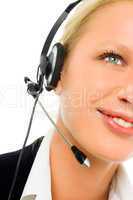 portrait of a young caucasian operator smiling with headphone an