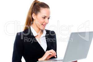 young businesswoman with laptop on white background studio