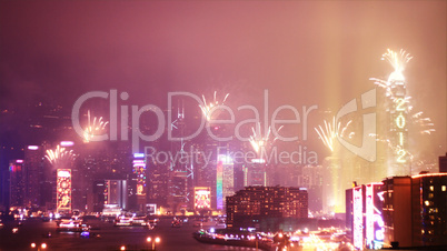 Hong Kong skyline with a fireworks  JANUARY 1   2012