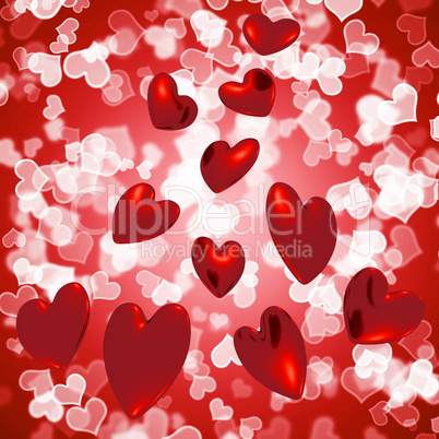 Hearts Falling With Bokeh Background Showing Love And Romance