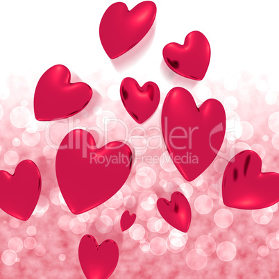 Hearts Falling With Red Bokeh Background Showing Love And Romanc