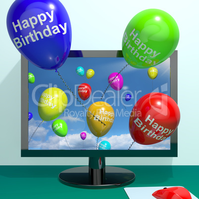 Multicolored Balloons Greeting From Computer Celebrating A Happy