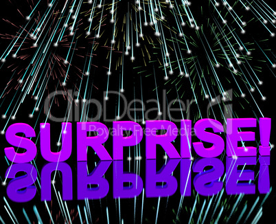 Surprise Word And Fireworks Showing Shock And Celebration