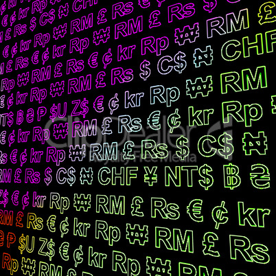 Currency Symbols Glowing In Colors Showing Exchange Rates And Fi