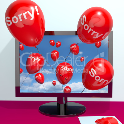 Sorry Balloons From Computer Showing Online Apology Regret Or Re