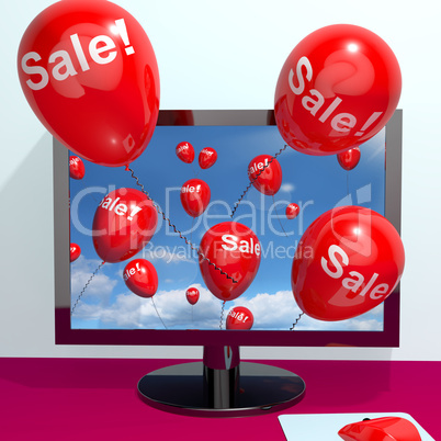 Sale Balloons Coming From Computer Showing Internet Promotion Di