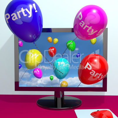 Balloons With Party Text Showing Invitation Sent Online