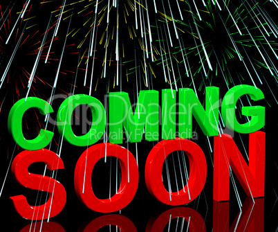 Coming Soon Words With Fireworks Showing New Product Arrival Ann