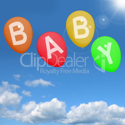 Baby Balloons In Sky Showing Newborn Parenting Or Motherhood