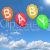 Baby Balloons In Sky Showing Newborn Parenting Or Motherhood