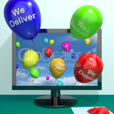 We Deliver Balloons From Computer Showing Delivery Shipping Serv